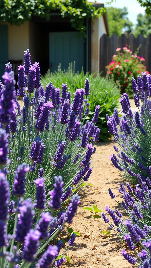 Lavender plants with vibrant purple flowers in a garden setting.