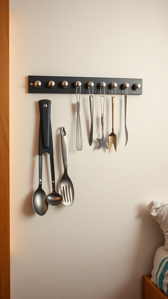 A black magnetic strip mounted on a wall holding various kitchen utensils.