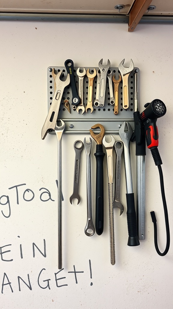 Magnetic tool holder on a garage wall with various tools displayed