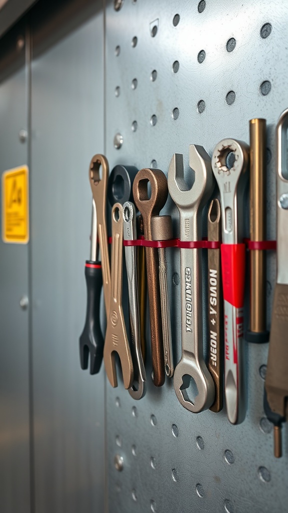 A neat arrangement of various tools on a pegboard, showcasing magnetic tool holders for organization.