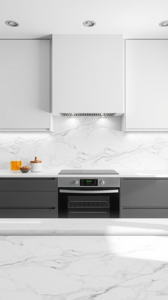 Modern kitchen with marble backsplash and dark cabinetry