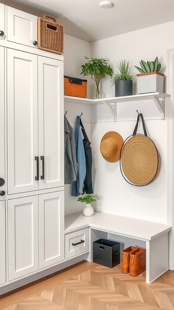 A stylish mudroom featuring tall cabinets, open shelving, a bench, and hooks for storage.