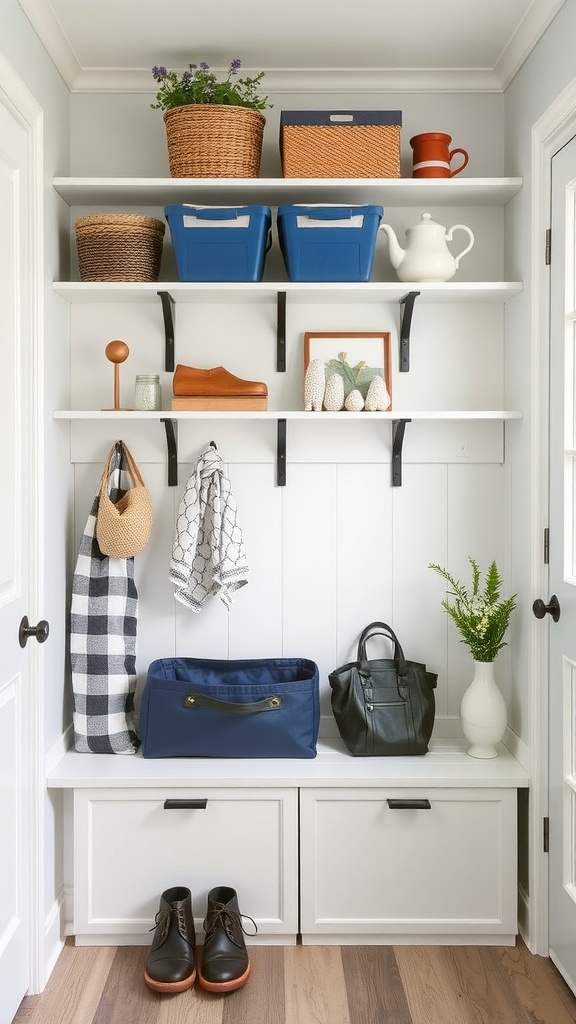 A stylish mudroom with vertical shelving displaying baskets, storage bins, and decorative items.