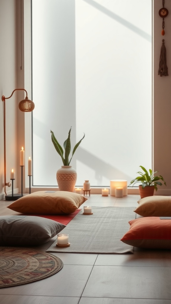 A cozy meditation area with pillows, candles, and plants