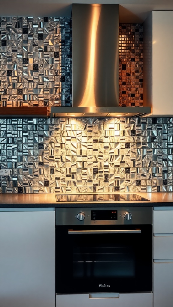 A modern kitchen featuring a metallic mosaic backsplash with silver and metallic tiles, showcasing a blend of texture and light reflection.