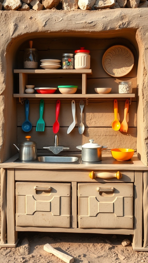 A miniature mud kitchen designed for toddlers, featuring colorful utensils, a sink, and storage drawers in a natural outdoor setting.