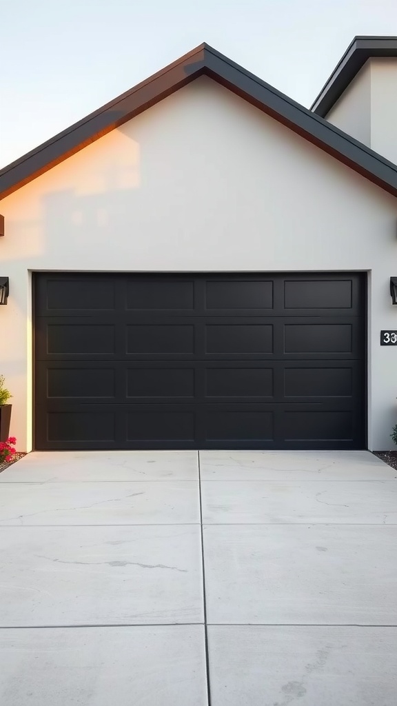 A minimalist black garage door with flat panel design, set against a light-colored wall and concrete driveway.