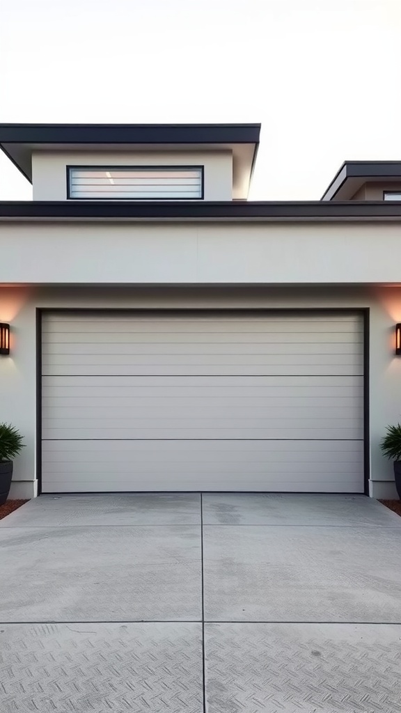 A minimalist horizontal slat garage door with surrounding lighting and planters.