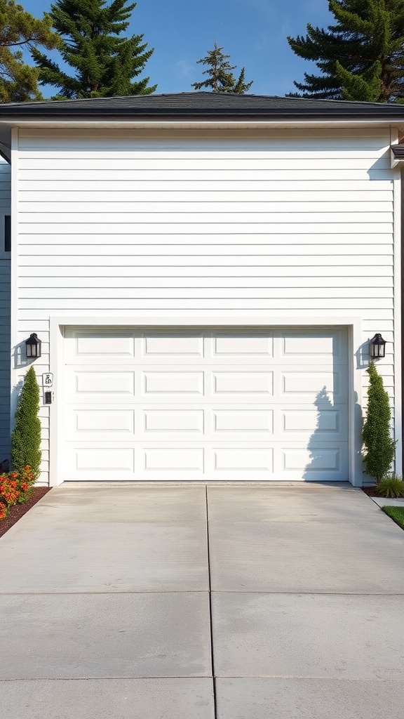 A modern white panel garage door with a clean design, surrounded by greenery and a well-kept driveway.