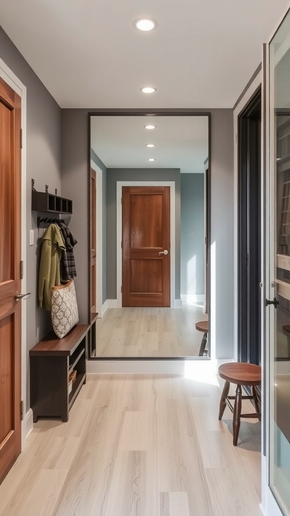 A modern mudroom featuring a large mirror on the wall, wooden doors, and a cozy seating area.