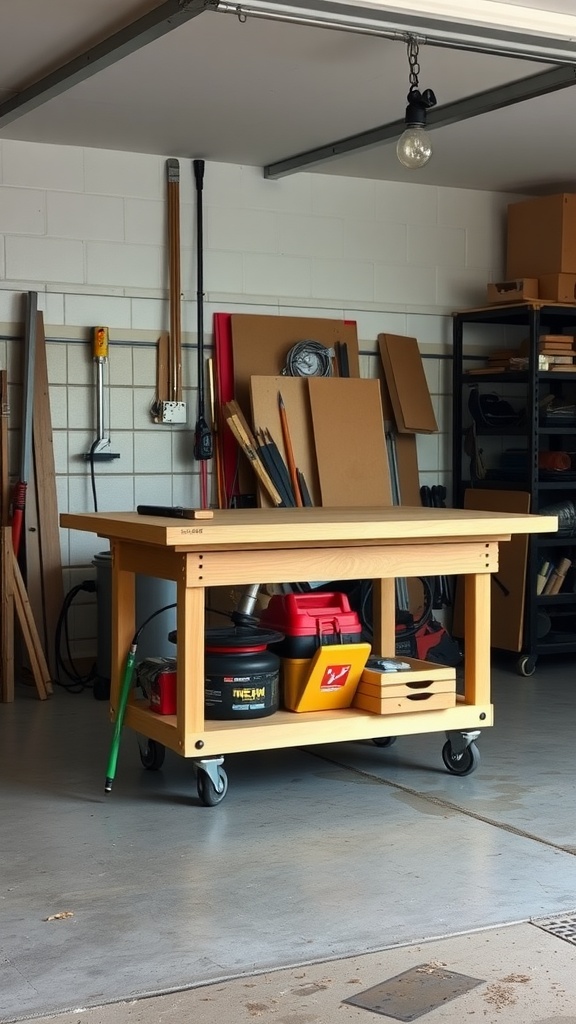 A mobile workbench on casters in a garage, featuring a wooden surface and storage for tools.