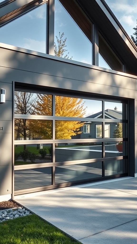 A modern glass garage door framed in black, showcasing large glass panels and surrounded by a well-kept lawn and trees.