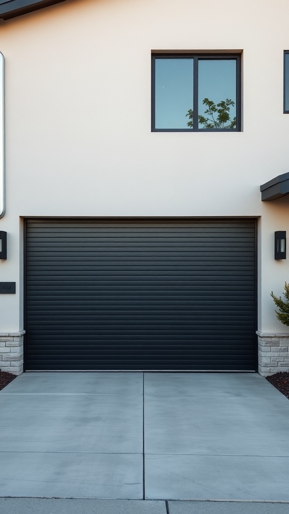 A modern black horizontal slat garage door on a light-colored house.