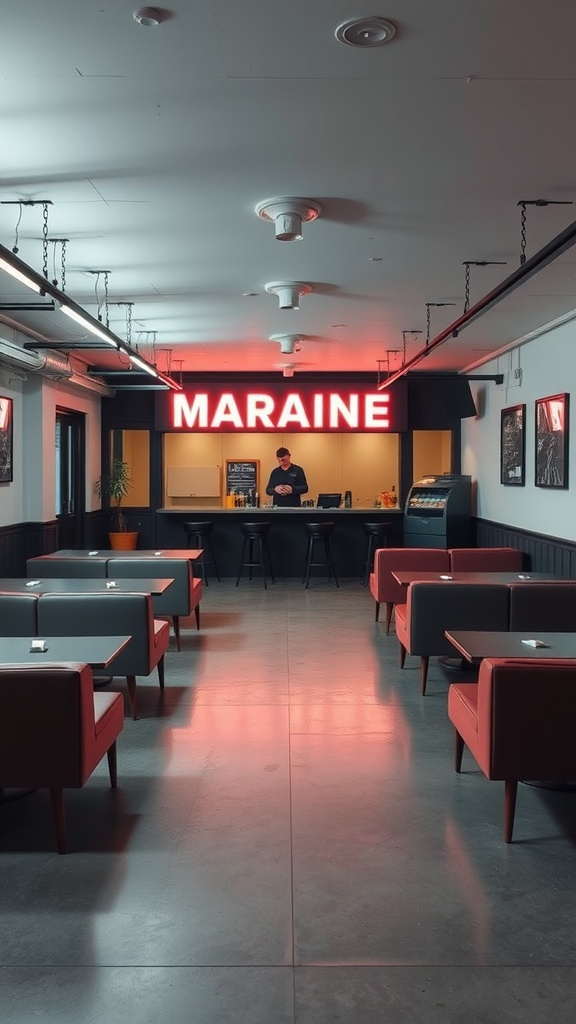 A modern lounge space featuring sleek seating, a bar area with stools, and bright signage.