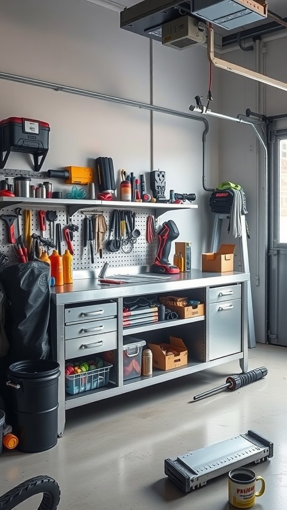 A modern metal workbench in a garage, featuring organized tools on a pegboard and various storage options.