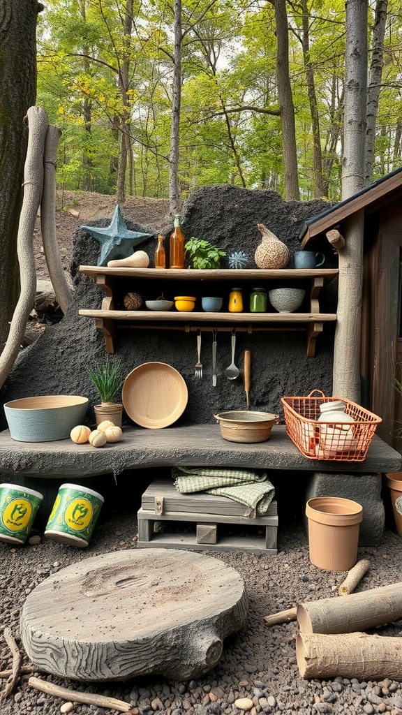 A rustic mud kitchen with shelves of pots and natural materials surrounded by trees.