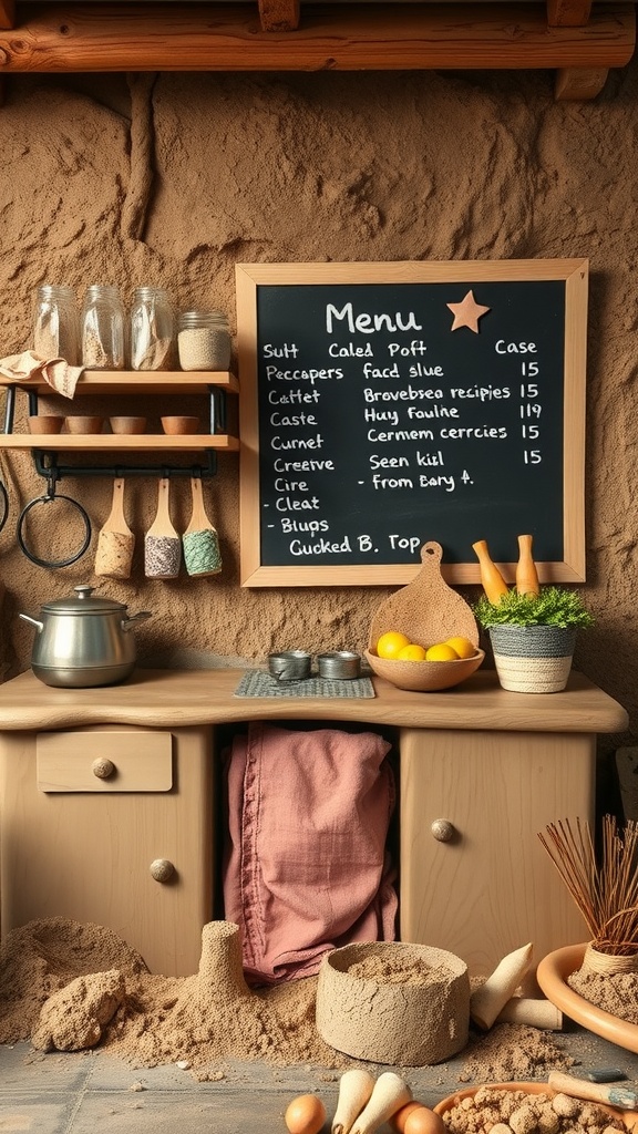 A mud kitchen with a chalkboard menu, featuring jars, pots, and natural ingredients for playful cooking.