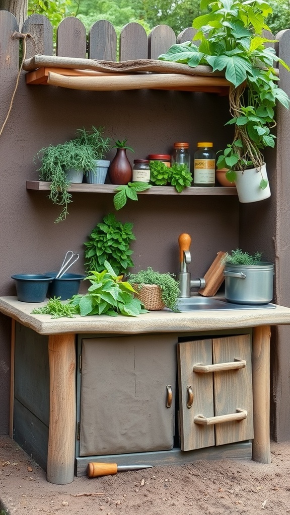 A wooden mud kitchen with shelves of herbs and spices, featuring a small sink and natural elements.