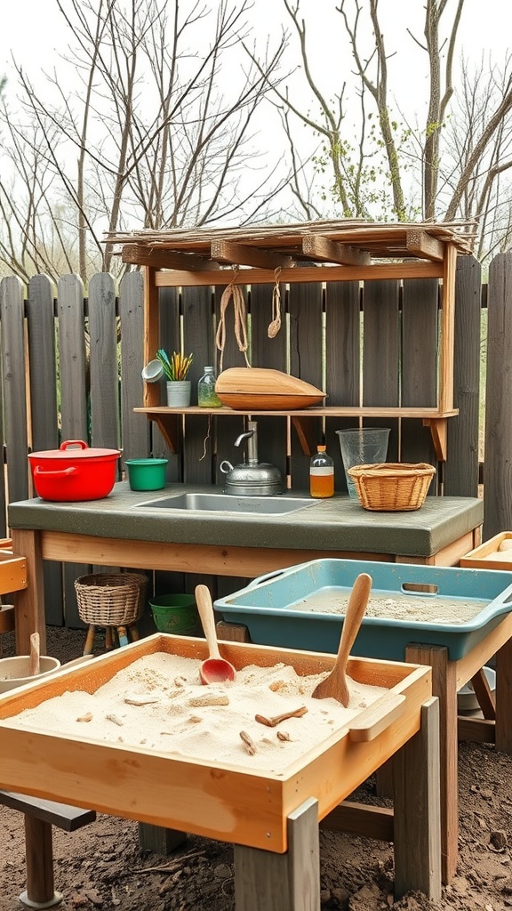 A well-designed mud kitchen featuring a sand and water table, colorful tools, and a sturdy countertop.