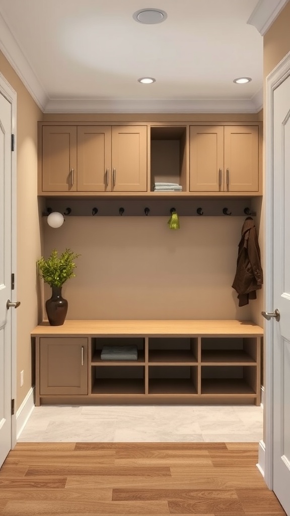 A stylish mudroom with beige cabinets, open shelving, and hooks for coats.