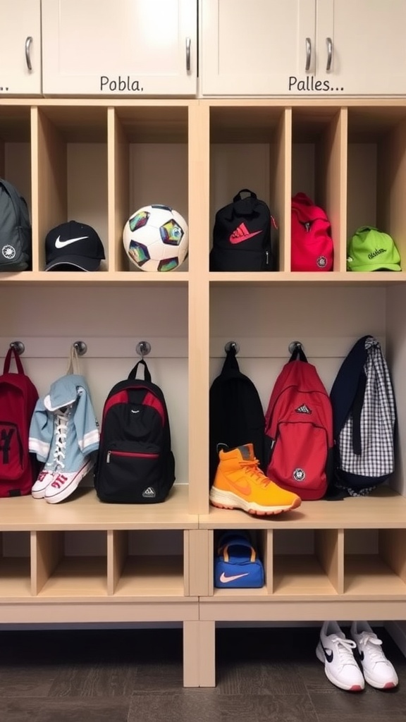 Mudroom cubbies organized with backpacks, shoes, and sports equipment