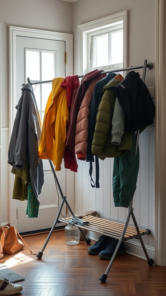 Drying rack with colorful jackets and pants in a mudroom setting.