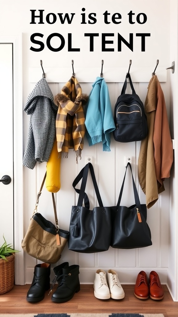 Mudroom with hooks displaying coats, bags, and shoes