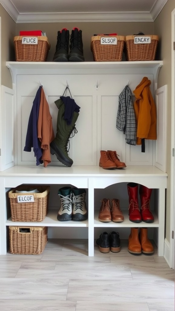 Organized mudroom with baskets and shoe storage