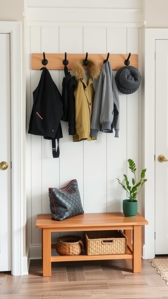 Mudroom featuring a wooden bench, hooks for coats, and decorative plants.