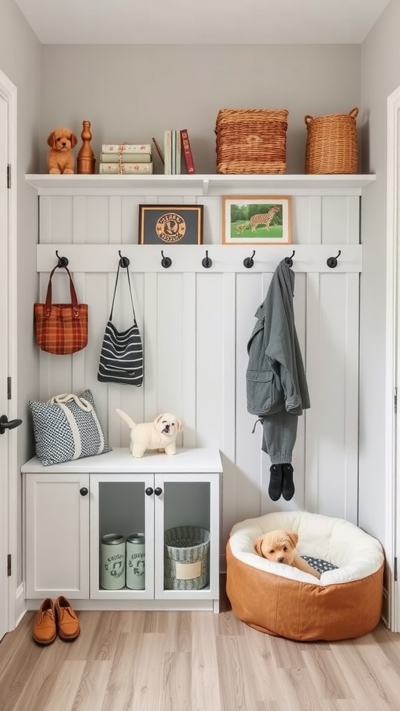 A stylish mudroom featuring a pet bed, coat hooks, and organized storage.