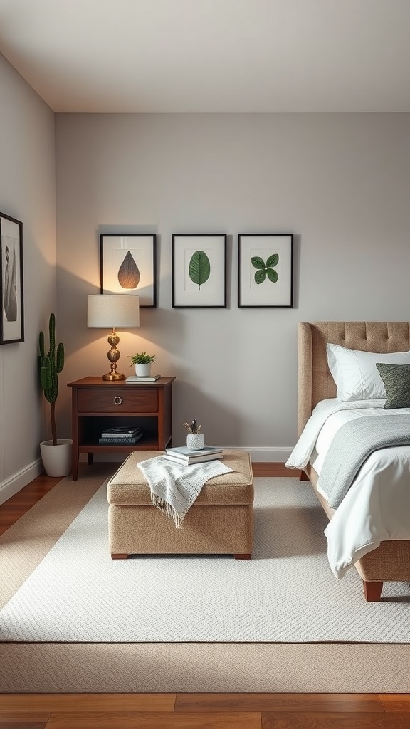 A cozy small bedroom featuring a bed, ottoman, bedside table, and framed plant art on the wall.