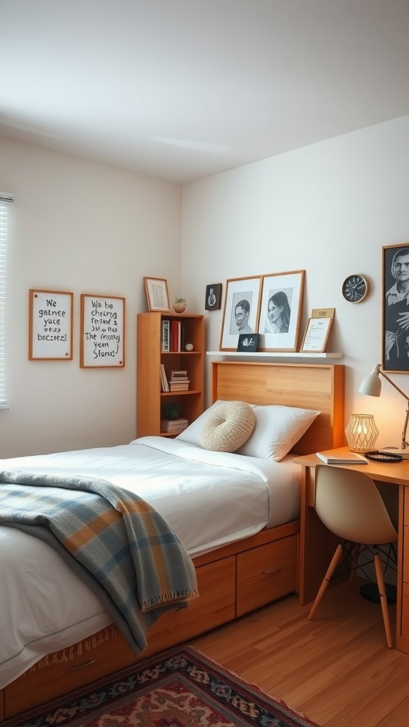 A cozy dorm room featuring multi-functional furniture, including a bed with storage drawers and a desk.
