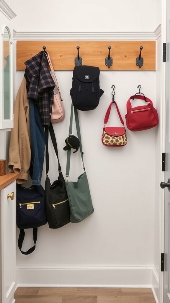 Mudroom with multi-functional hooks holding bags and jackets