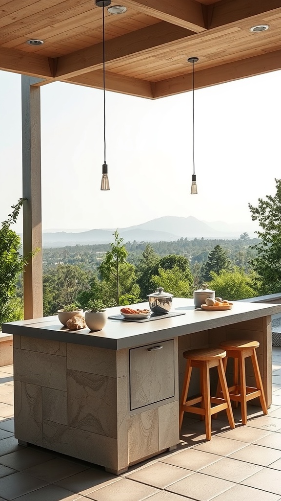 A sleek outdoor kitchen island with wooden stools and a scenic background.