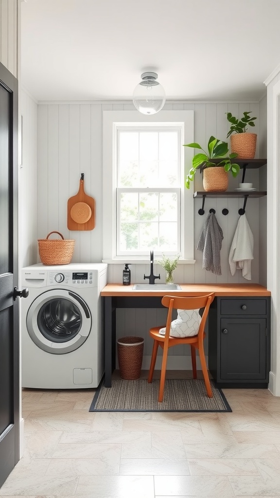 A multi-purpose mudroom featuring a washing machine, workspace with orange chair, and natural light from a window.