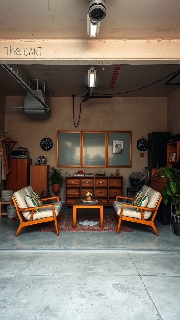 A cozy garage lounge featuring two mid-century chairs, a coffee table, and stylish storage units.