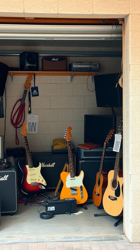 A garage music corner featuring various guitars and amplifiers.