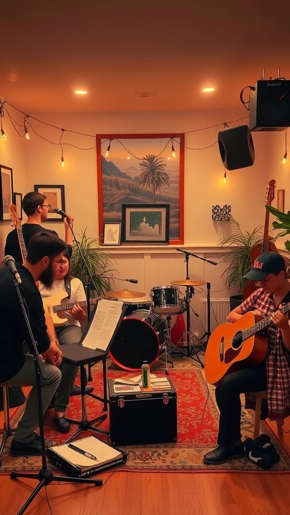 A cozy music jam space with friends playing instruments and enjoying a casual atmosphere.