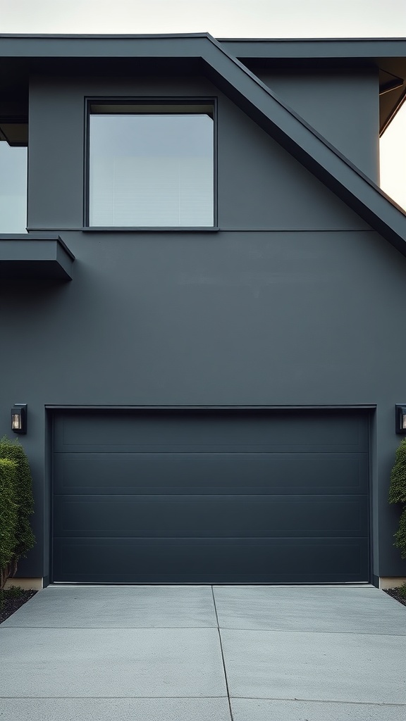A contemporary garage door painted in muted charcoal, showcasing clean lines and a smooth finish, set against a modern house.