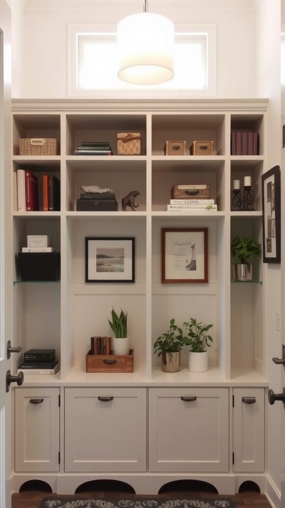 A narrow shelving unit in a mudroom with various items organized on the shelves.