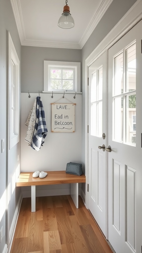 Small mudroom with natural light from a window, featuring a bench, hooks, and warm wooden flooring.