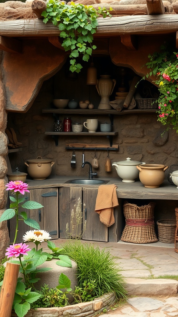 A rustic outdoor mud kitchen made of natural materials like wood and clay, surrounded by plants and flowers.