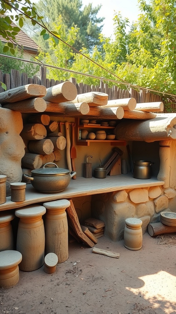A mud kitchen made from natural stone and wood with pots and utensils arranged on shelves.