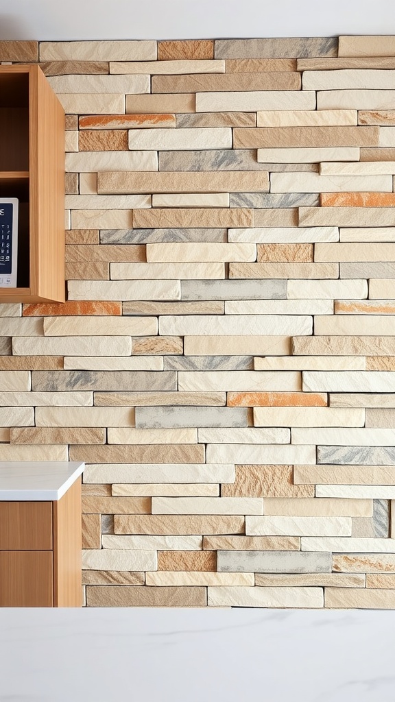 Textured natural stone backsplash in a kitchen