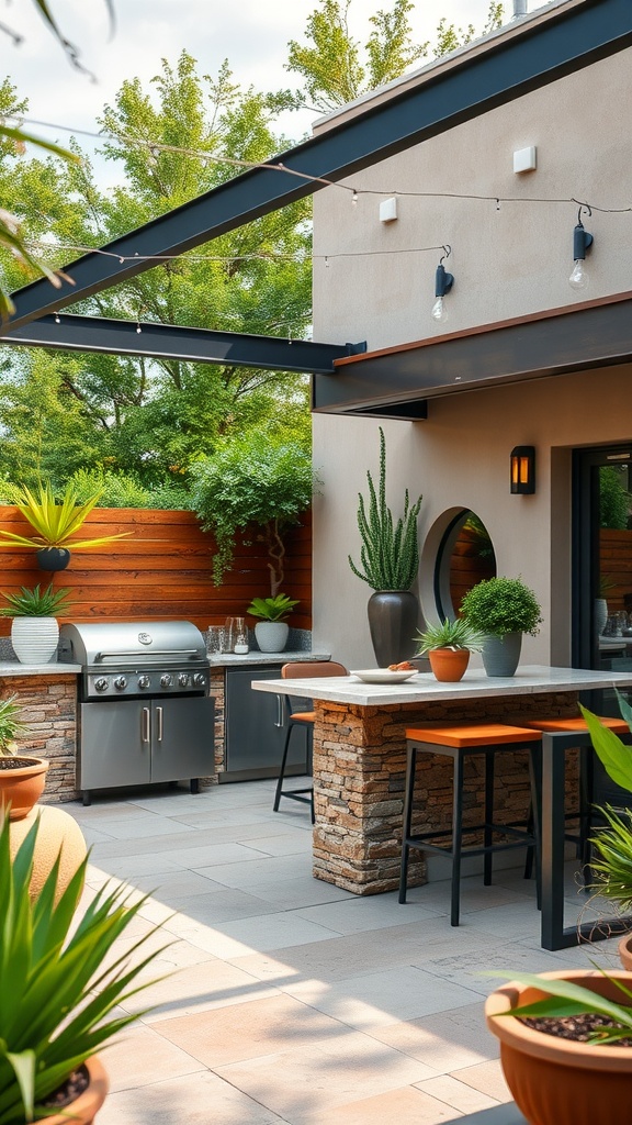 Stylish outdoor kitchen patio with a gas grill, stone countertops, and potted plants