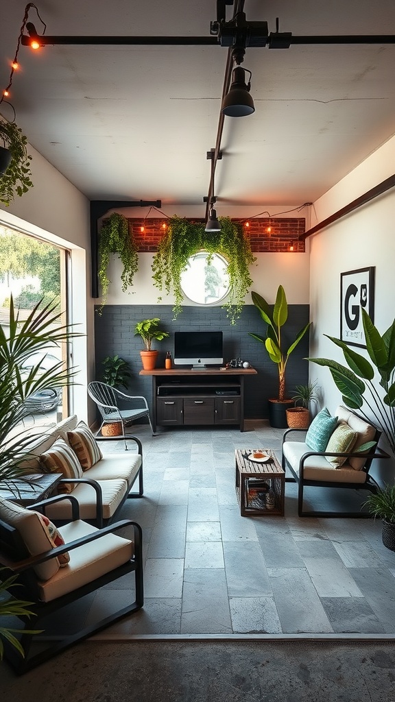 A garage lounge featuring comfortable seating, plants, and ambient lighting.