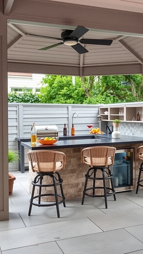 Stylish outdoor kitchen bar setup with stools, countertop, and grill
