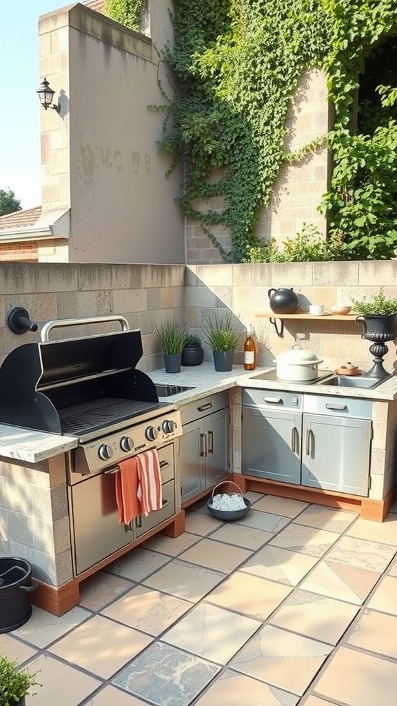 Outdoor cooking space with a grill, counter, and greenery