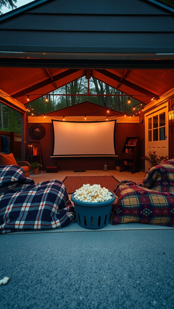 A cozy outdoor movie setup with a large screen, blankets, and a basket of popcorn.