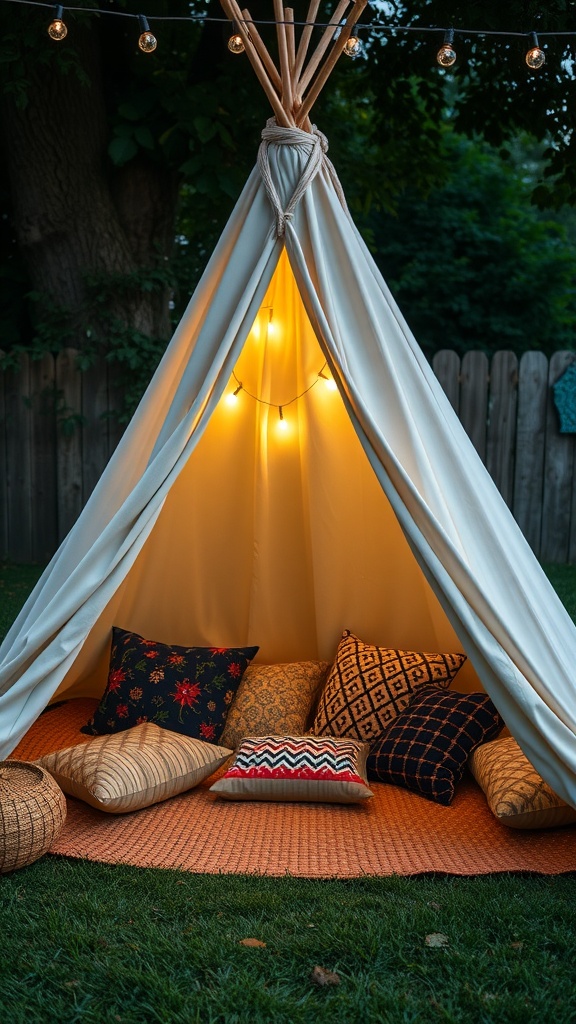 A cozy outdoor teepee with string lights and colorful pillows inside.
